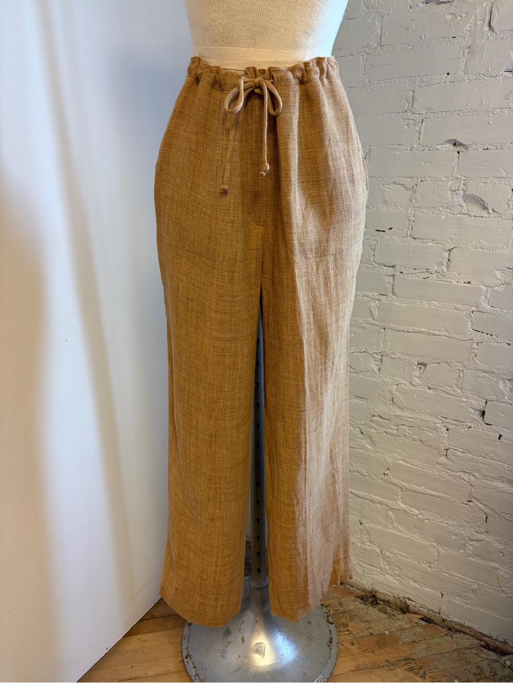 Vintage 70s Inspired Natural Linen Drawstring Wide Leg Trousers